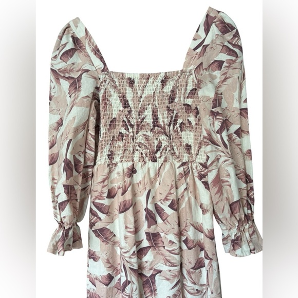 House of Harlow 1960 Linen Blend Puff Sleeve Square Neck Smocked Midi Dress XS - Picture 3 of 7